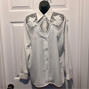 Vintage Beta’s Choice Blouse white floral mesh  Women Large long sleeve buttons